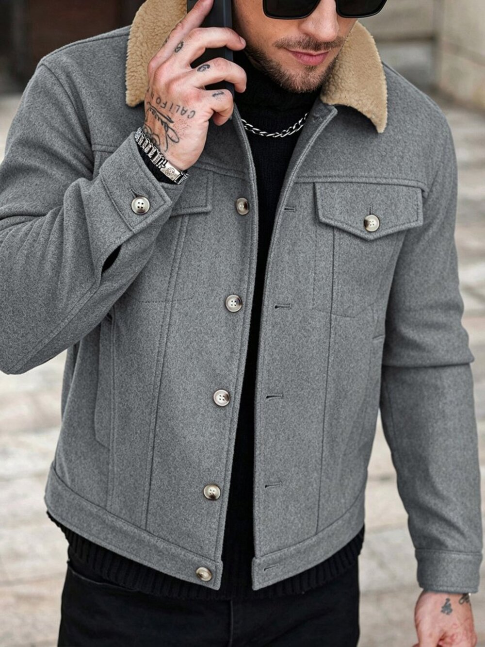 Grey Boho Men's Colorblock Casual Overcoat